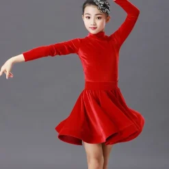 Latin Dance Kids' Dancewear Dress Pleats Pure Color Splicing Girls' Performance Training Long Sleeve Polyester Velvet