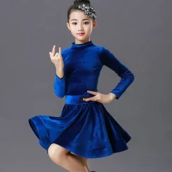 Latin Dance Kids' Dancewear Dress Pleats Pure Color Splicing Girls' Performance Training Long Sleeve Polyester Velvet
