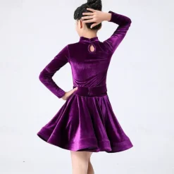Latin Dance Kids' Dancewear Dress Pleats Pure Color Splicing Girls' Performance Training Long Sleeve Polyester Velvet