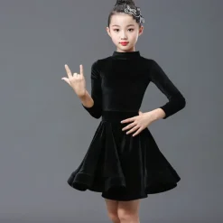 Latin Dance Kids' Dancewear Dress Pleats Pure Color Splicing Girls' Performance Training Long Sleeve Polyester Velvet
