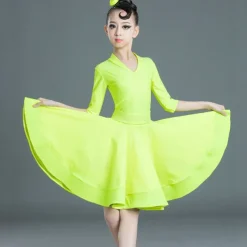 Latin Dance Kids' Dancewear Dress Pure Color Splicing Girls' Performance Training Half Sleeve High Polyester