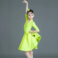 Latin Dance Kids' Dancewear Dress Pure Color Splicing Girls' Performance Training Half Sleeve High Polyester