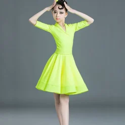 Latin Dance Kids' Dancewear Dress Pure Color Splicing Girls' Performance Training Half Sleeve High Polyester