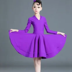 Latin Dance Kids' Dancewear Dress Pure Color Splicing Girls' Performance Training Long Sleeve High Polyester