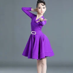 Latin Dance Kids' Dancewear Dress Pure Color Splicing Girls' Performance Training Long Sleeve High Polyester