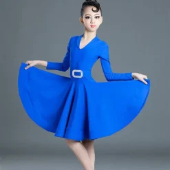 Latin Dance Kids' Dancewear Dress Pure Color Splicing Girls' Performance Training Long Sleeve High Polyester
