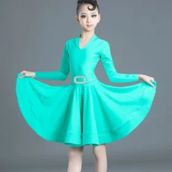 Latin Dance Kids' Dancewear Dress Pure Color Splicing Girls' Performance Training Long Sleeve High Polyester