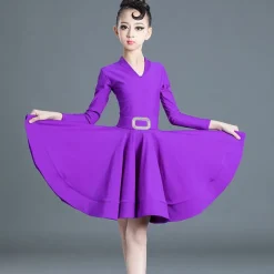 Latin Dance Kids' Dancewear Dress Pure Color Splicing Girls' Performance Training Long Sleeve High Polyester