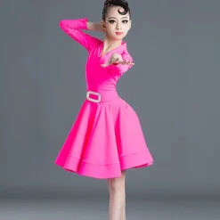 Latin Dance Kids' Dancewear Dress Pure Color Splicing Girls' Performance Training Long Sleeve High Polyester