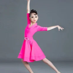 Latin Dance Kids' Dancewear Dress Pure Color Splicing Girls' Performance Training Long Sleeve High Polyester