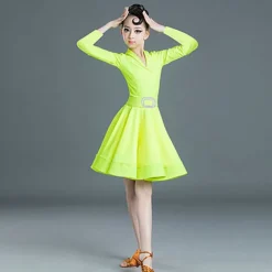 Latin Dance Kids' Dancewear Dress Pure Color Splicing Girls' Performance Training Long Sleeve High Polyester
