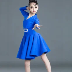 Latin Dance Kids' Dancewear Dress Pure Color Splicing Girls' Performance Training Long Sleeve High Polyester