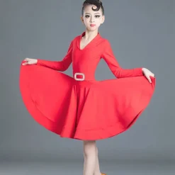 Latin Dance Kids' Dancewear Dress Pure Color Splicing Girls' Performance Training Long Sleeve High Polyester