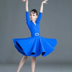 Latin Dance Kids' Dancewear Dress Pure Color Splicing Girls' Performance Training Long Sleeve High Polyester