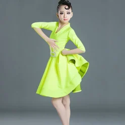 Latin Dance Kids' Dancewear Dress Pure Color Splicing Girls' Performance Training Half Sleeve High Polyester