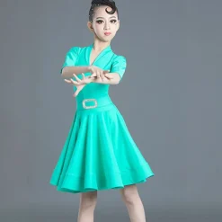 Latin Dance Kids' Dancewear Dress Pure Color Splicing Girls' Performance Training Half Sleeve High Polyester