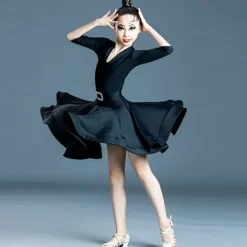 Latin Dance Kids' Dancewear Dress Pure Color Splicing Girls' Performance Training Half Sleeve High Polyester
