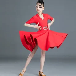 Latin Dance Kids' Dancewear Dress Pure Color Splicing Girls' Performance Training Half Sleeve High Polyester