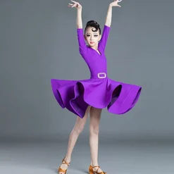 Latin Dance Kids' Dancewear Dress Pure Color Splicing Girls' Performance Training Half Sleeve High Polyester