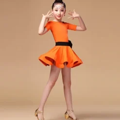 Latin Dance Kids' Dancewear Dress Sash / Ribbon Cascading Ruffles Girls' Training Performance Short Sleeve Spandex Pleuche Polyester