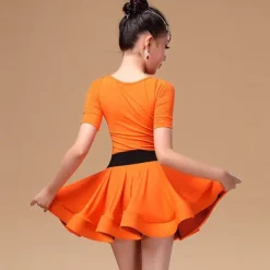 Latin Dance Kids' Dancewear Dress Sash / Ribbon Cascading Ruffles Girls' Training Performance Short Sleeve Spandex Pleuche Polyester