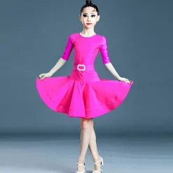 Latin Dance Kids' Dancewear Dress Pure Color Splicing Girls' Performance Training Half Sleeve High Polyester
