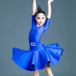 Latin Dance Kids' Dancewear Dress Pure Color Splicing Girls' Performance Training Half Sleeve High Polyester