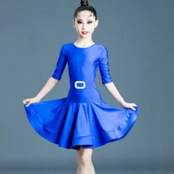 Latin Dance Kids' Dancewear Dress Pure Color Splicing Girls' Performance Training Half Sleeve High Polyester