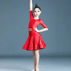 Latin Dance Kids' Dancewear Dress Pure Color Splicing Girls' Performance Training Half Sleeve High Polyester