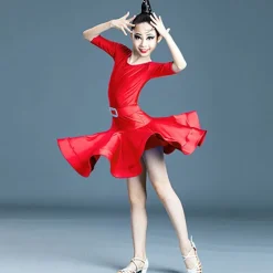 Latin Dance Kids' Dancewear Dress Pure Color Splicing Girls' Performance Training Half Sleeve High Polyester