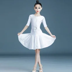 Latin Dance Kids' Dancewear Dress Pure Color Splicing Girls' Performance Training Half Sleeve High Polyester