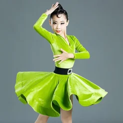 Latin Dance Kids' Dancewear Dress Pure Color Splicing Girls' Performance Training Long Sleeve High Polyester
