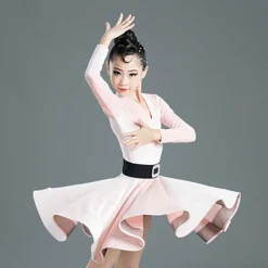 Latin Dance Kids' Dancewear Dress Pure Color Splicing Girls' Performance Training Long Sleeve High Polyester