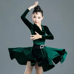 Latin Dance Kids' Dancewear Dress Pure Color Splicing Girls' Performance Training Long Sleeve High Polyester