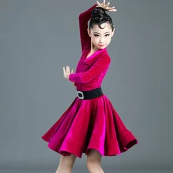 Latin Dance Kids' Dancewear Dress Pure Color Splicing Girls' Performance Training Long Sleeve High Polyester
