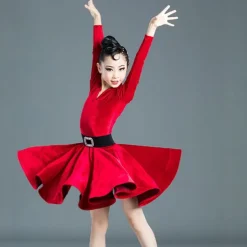 Latin Dance Kids' Dancewear Dress Pure Color Splicing Girls' Performance Training Long Sleeve High Polyester