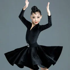 Latin Dance Kids' Dancewear Dress Pure Color Splicing Girls' Performance Training Long Sleeve High Polyester