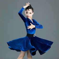 Latin Dance Kids' Dancewear Dress Pure Color Splicing Girls' Performance Training Long Sleeve High Polyester