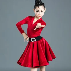 Latin Dance Kids' Dancewear Dress Pure Color Splicing Girls' Performance Training Long Sleeve High Polyester
