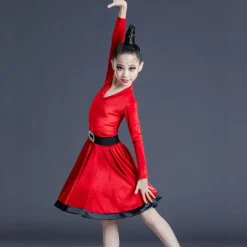 Latin Dance Kids' Dancewear Dress Leopard Print Printing Pure Color Girls' Performance Training Long Sleeve High Polyester