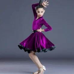 Latin Dance Kids' Dancewear Dress Leopard Print Printing Pure Color Girls' Performance Training Long Sleeve High Polyester