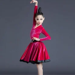 Latin Dance Kids' Dancewear Dress Leopard Print Printing Pure Color Girls' Performance Training Long Sleeve High Polyester