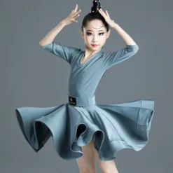 Latin Dance Kids' Dancewear Dress Pure Color Splicing Girls' Performance Training Half Sleeve High Polyester