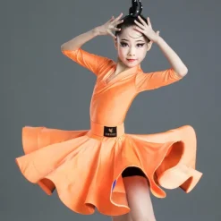Latin Dance Kids' Dancewear Dress Pure Color Splicing Girls' Performance Training Half Sleeve High Polyester