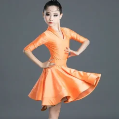 Latin Dance Kids' Dancewear Dress Pure Color Splicing Girls' Performance Training Half Sleeve High Polyester