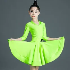 Latin Dance Kids' Dancewear Dress Pure Color Splicing Girls' Performance Training Half Sleeve High Polyester
