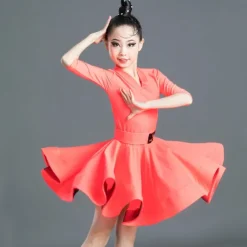 Latin Dance Kids' Dancewear Dress Pure Color Splicing Girls' Performance Training Half Sleeve High Polyester