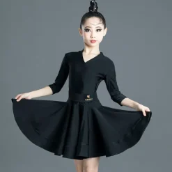 Latin Dance Kids' Dancewear Dress Pure Color Splicing Girls' Performance Training Half Sleeve High Polyester