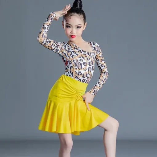 Latin Dance Kids' Dancewear Skirts Printing Splicing Girls' Performance Training Long Sleeve High Spandex