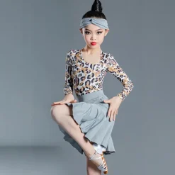 Latin Dance Kids' Dancewear Skirts Printing Splicing Girls' Performance Training Long Sleeve High Spandex